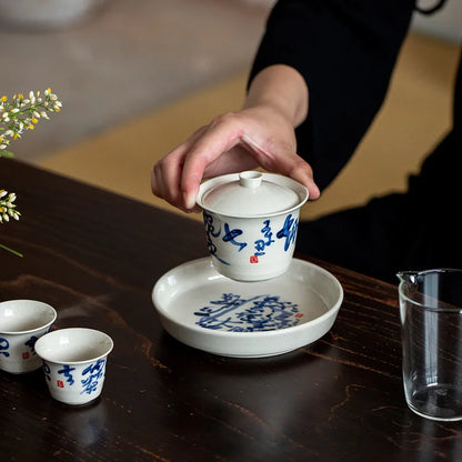 Ceramic Tea Bowl Hucheng Personal Kung Fu Tea Set Grass Ash Hand-painted Poetry Covered Bowl Infuser Teaware Kitchen Dining Bar