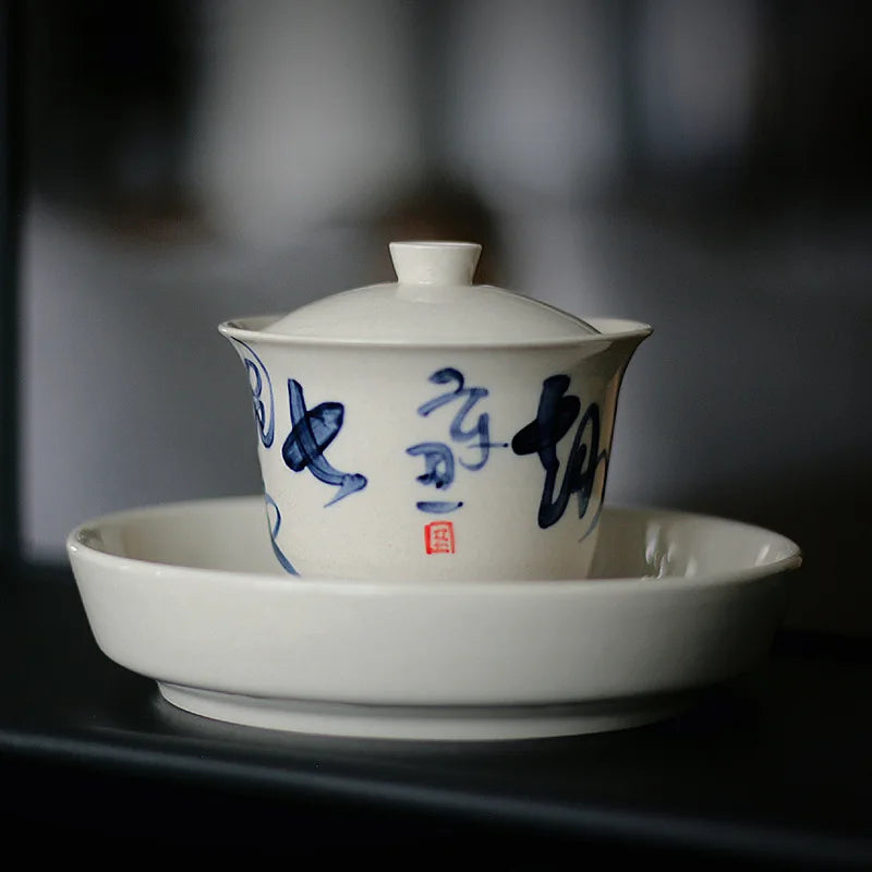 Ceramic Tea Bowl Hucheng Personal Kung Fu Tea Set Grass Ash Hand-painted Poetry Covered Bowl Infuser Teaware Kitchen Dining Bar