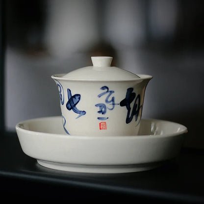 Ceramic Tea Bowl Hucheng Personal Kung Fu Tea Set Grass Ash Hand-painted Poetry Covered Bowl Infuser Teaware Kitchen Dining Bar