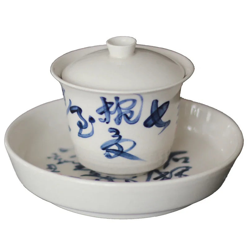 Ceramic Tea Bowl Hucheng Personal Kung Fu Tea Set Grass Ash Hand-painted Poetry Covered Bowl Infuser Teaware Kitchen Dining Bar