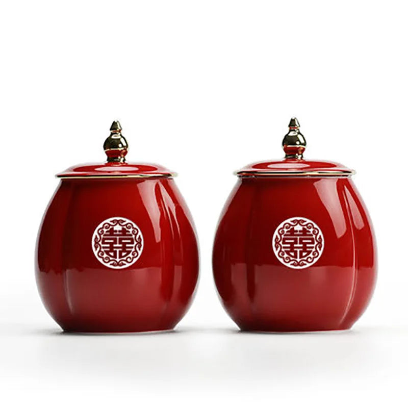 Ceramic Tea Caddy Portable Sealed Jar travel Tea Boxes Spice Candy Storage Tank Food Container For Chinese Red Wedding Supply Gi