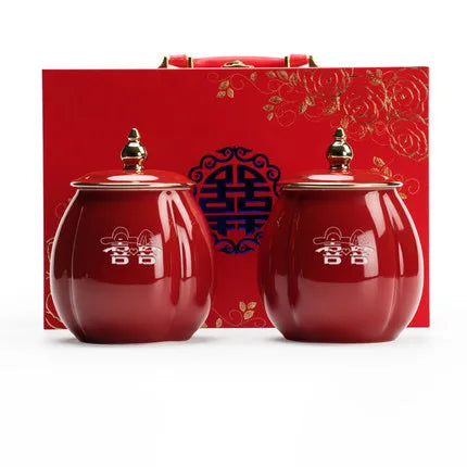 Ceramic Tea Caddy Portable Sealed Jar travel Tea Boxes Spice Candy Storage Tank Food Container For Chinese Red Wedding Supply Gi