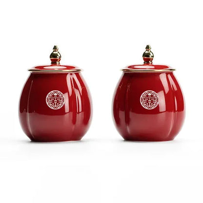 Ceramic Tea Caddy Portable Sealed Jar travel Tea Boxes Spice Candy Storage Tank Food Container For Chinese Red Wedding Supply Gi
