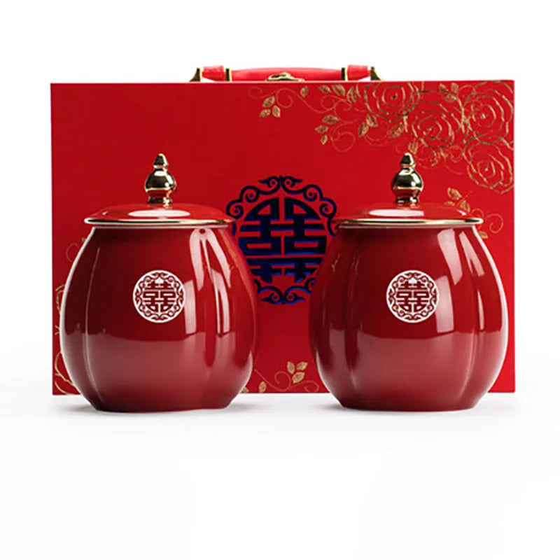 Ceramic Tea Caddy Portable Sealed Jar travel Tea Boxes Spice Candy Storage Tank Food Container For Chinese Red Wedding Supply Gi