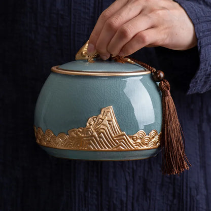 Ceramic Tea Caddy Sealed Pot, Household Tea Storage Tank, Chinese Style Tea Box Relief Canister, Ge Kiln