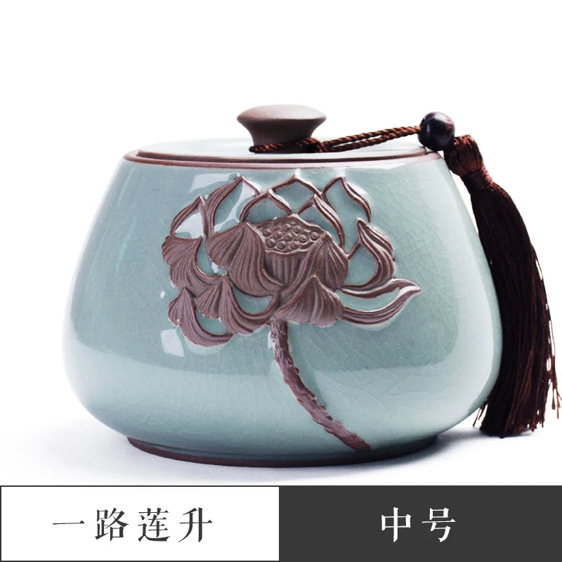 Ceramic Tea Caddy Sealed Pot, Household Tea Storage Tank, Chinese Style Tea Box Relief Canister, Ge Kiln