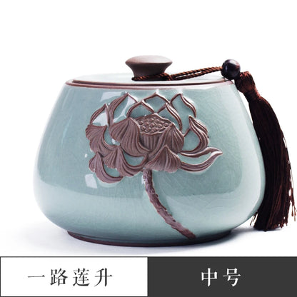 Ceramic Tea Caddy Sealed Pot, Household Tea Storage Tank, Chinese Style Tea Box Relief Canister, Ge Kiln