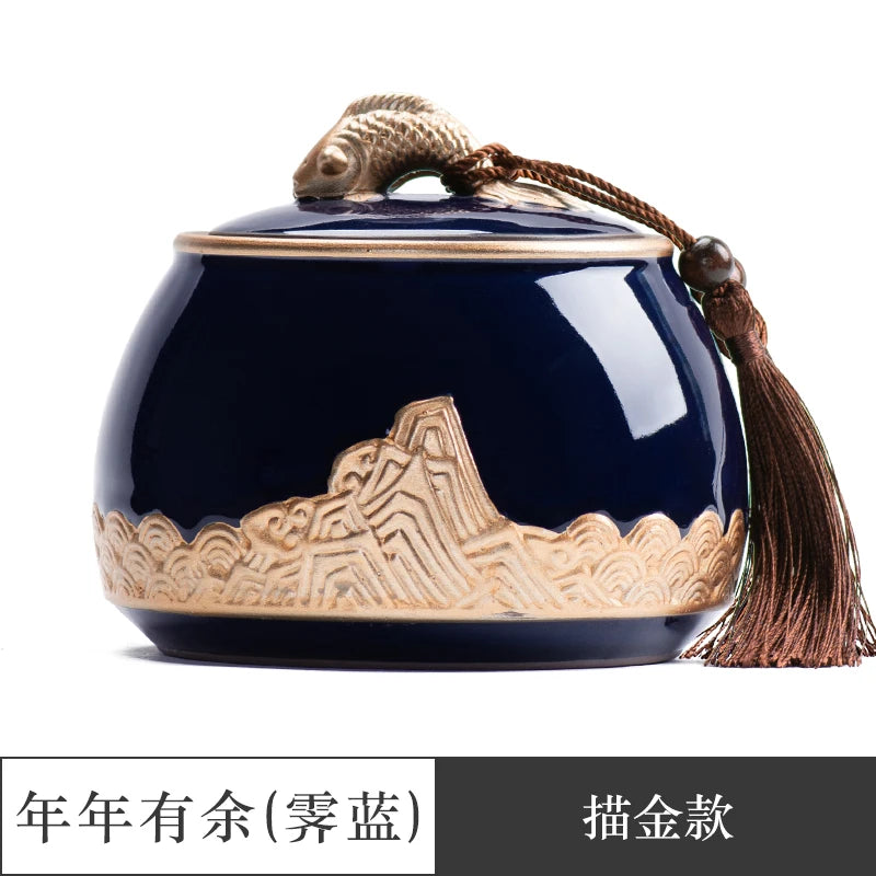 Ceramic Tea Caddy Sealed Pot, Household Tea Storage Tank, Chinese Style Tea Box Relief Canister, Ge Kiln