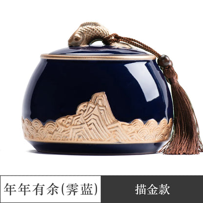 Ceramic Tea Caddy Sealed Pot, Household Tea Storage Tank, Chinese Style Tea Box Relief Canister, Ge Kiln