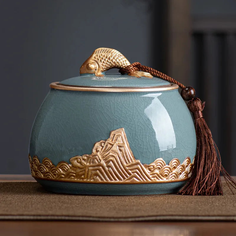 Ceramic Tea Caddy Sealed Pot, Household Tea Storage Tank, Chinese Style Tea Box Relief Canister, Ge Kiln