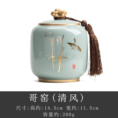 Ceramic Tea Caddy Sealed Pot, Household Tea Storage Tank, Chinese Style Tea Box Relief Canister, Ge Kiln