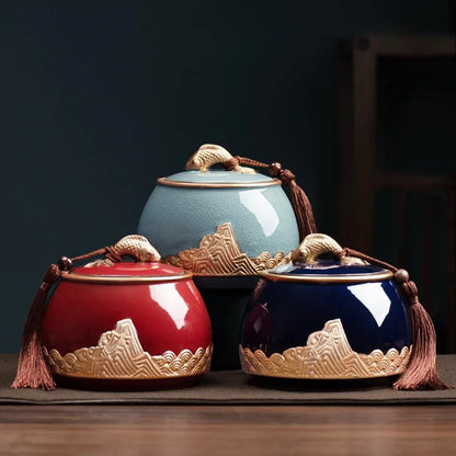 Ceramic Tea Caddy Sealed Pot, Household Tea Storage Tank, Chinese Style Tea Box Relief Canister, Ge Kiln