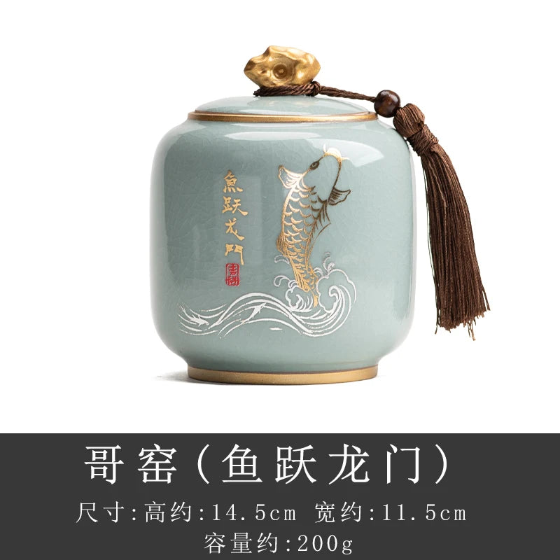 Ceramic Tea Caddy Sealed Pot, Household Tea Storage Tank, Chinese Style Tea Box Relief Canister, Ge Kiln