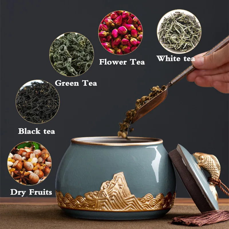 Ceramic Tea Caddy Sealed Pot, Household Tea Storage Tank, Chinese Style Tea Box Relief Canister, Ge Kiln