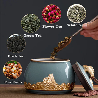 Ceramic Tea Caddy Sealed Pot, Household Tea Storage Tank, Chinese Style Tea Box Relief Canister, Ge Kiln