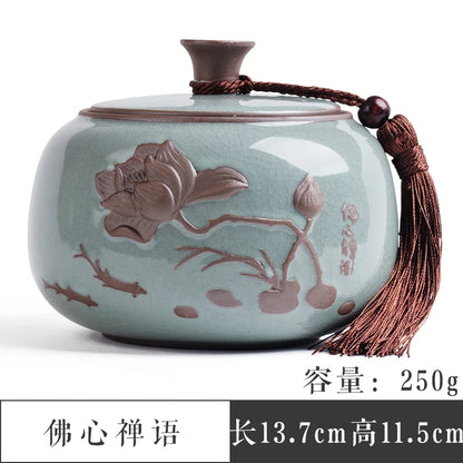 Ceramic Tea Caddy Sealed Pot, Household Tea Storage Tank, Chinese Style Tea Box Relief Canister, Ge Kiln