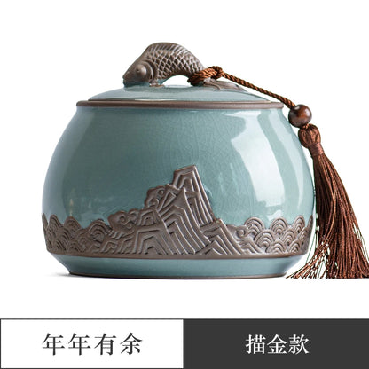 Ceramic Tea Caddy Sealed Pot, Household Tea Storage Tank, Chinese Style Tea Box Relief Canister, Ge Kiln