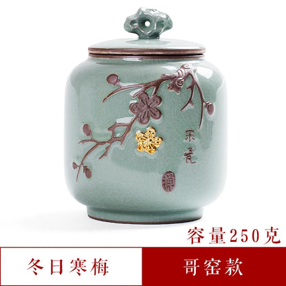 Ceramic Tea Caddy Sealed Pot, Household Tea Storage Tank, Chinese Style Tea Box Relief Canister, Ge Kiln