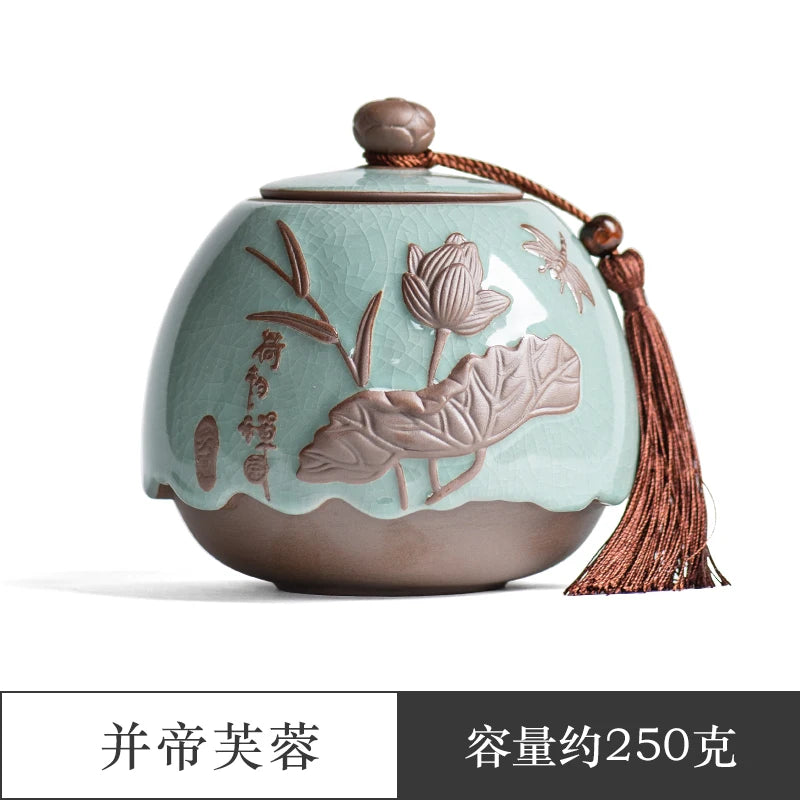 Ceramic Tea Caddy Sealed Pot, Household Tea Storage Tank, Chinese Style Tea Box Relief Canister, Ge Kiln