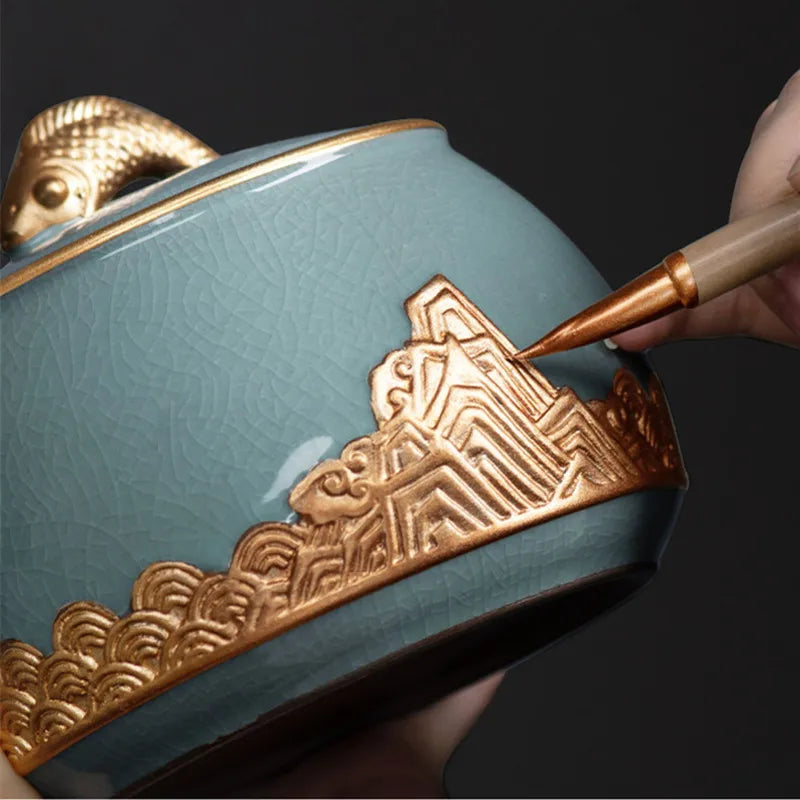 Ceramic Tea Caddy Sealed Pot, Household Tea Storage Tank, Chinese Style Tea Box Relief Canister, Ge Kiln