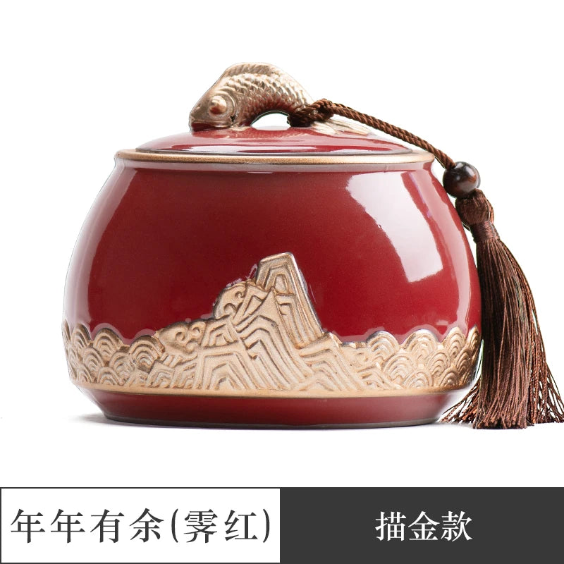 Ceramic Tea Caddy Sealed Pot, Household Tea Storage Tank, Chinese Style Tea Box Relief Canister, Ge Kiln