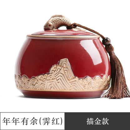 Ceramic Tea Caddy Sealed Pot, Household Tea Storage Tank, Chinese Style Tea Box Relief Canister, Ge Kiln
