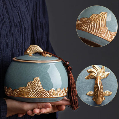 Ceramic Tea Caddy Sealed Pot, Household Tea Storage Tank, Chinese Style Tea Box Relief Canister, Ge Kiln