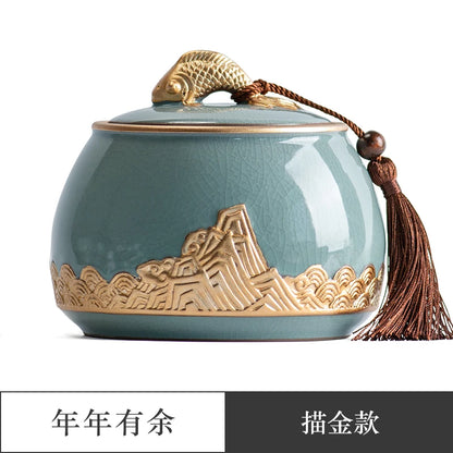 Ceramic Tea Caddy Sealed Pot, Household Tea Storage Tank, Chinese Style Tea Box Relief Canister, Ge Kiln