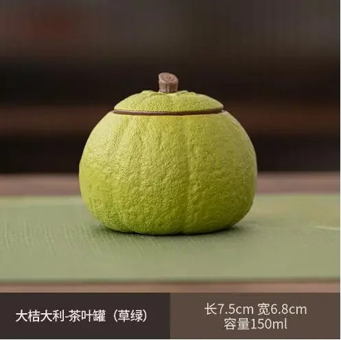 Ceramic Tea Caddy, Small Capacity, Yellow, Green, Orange Shape, Sealed Storage Tank, Lucky Ugly Orange Can