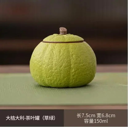 Ceramic Tea Caddy, Small Capacity, Yellow, Green, Orange Shape, Sealed Storage Tank, Lucky Ugly Orange Can