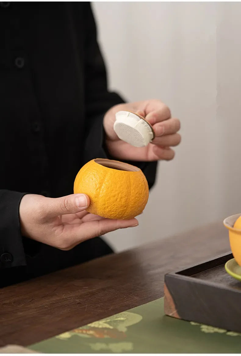 Ceramic Tea Caddy, Small Capacity, Yellow, Green, Orange Shape, Sealed Storage Tank, Lucky Ugly Orange Can