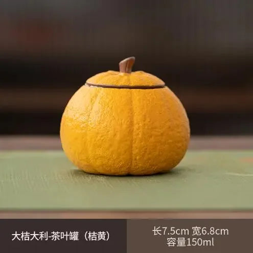 Ceramic Tea Caddy, Small Capacity, Yellow, Green, Orange Shape, Sealed Storage Tank, Lucky Ugly Orange Can