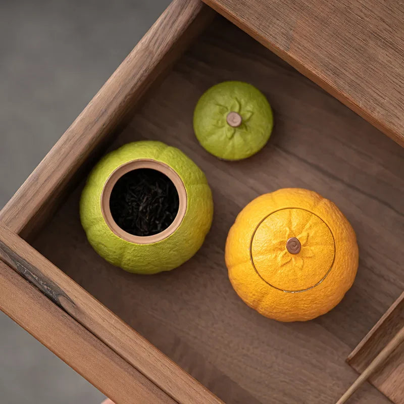 Ceramic Tea Caddy, Small Capacity, Yellow, Green, Orange Shape, Sealed Storage Tank, Lucky Ugly Orange Can