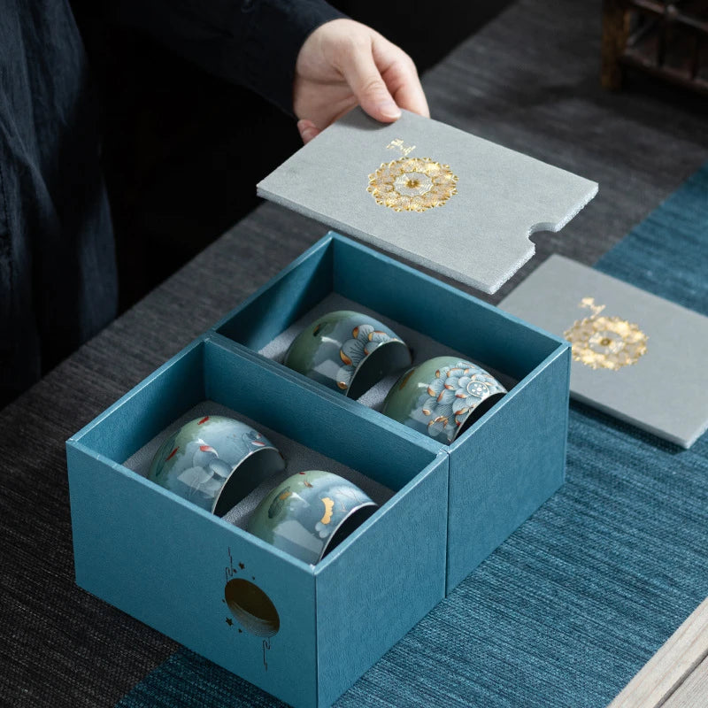Ceramic Tea Cup Four Cups of Lotus Rhyme Lucky Star Four-cup Combination Gift Box Set Teaware Kitchen Dining Bar Home Garden