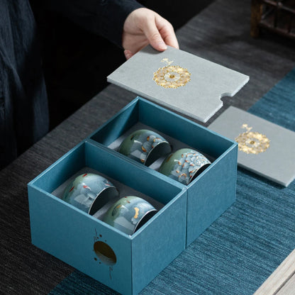 Ceramic Tea Cup Four Cups of Lotus Rhyme Lucky Star Four-cup Combination Gift Box Set Teaware Kitchen Dining Bar Home Garden