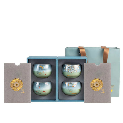 Ceramic Tea Cup Four Cups of Lotus Rhyme Lucky Star Four-cup Combination Gift Box Set Teaware Kitchen Dining Bar Home Garden