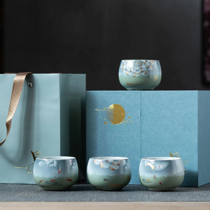 Ceramic Tea Cup Four Cups of Lotus Rhyme Lucky Star Four-cup Combination Gift Box Set Teaware Kitchen Dining Bar Home Garden