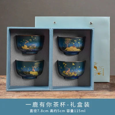 Ceramic Tea Cup Four Cups of Lotus Rhyme Lucky Star Four-cup Combination Gift Box Set Teaware Kitchen Dining Bar Home Garden