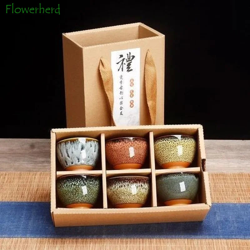 Ceramic Tea Cup Porcelain Teacups Teaware Kung Fu Tea Set Cup Household Kiln Change Glaze Pottery Tea Cup Set of 6