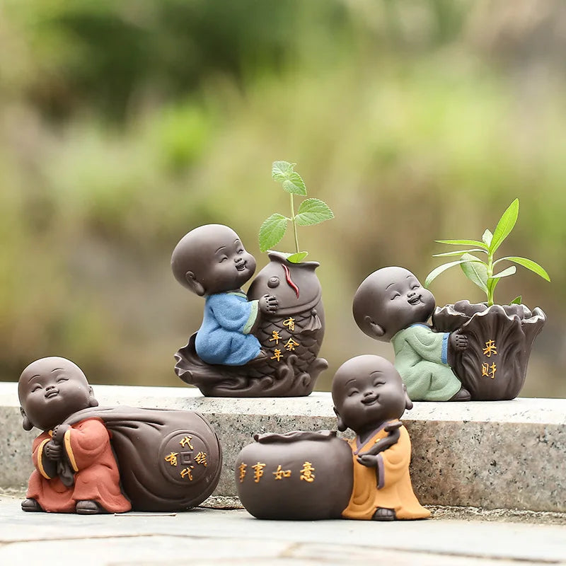 Ceramic Tea Pet Ornaments Small Buddha Statue Monk Figurine Desktop Flower Pot Hydroponic Plant Decoration Tea  Accessories