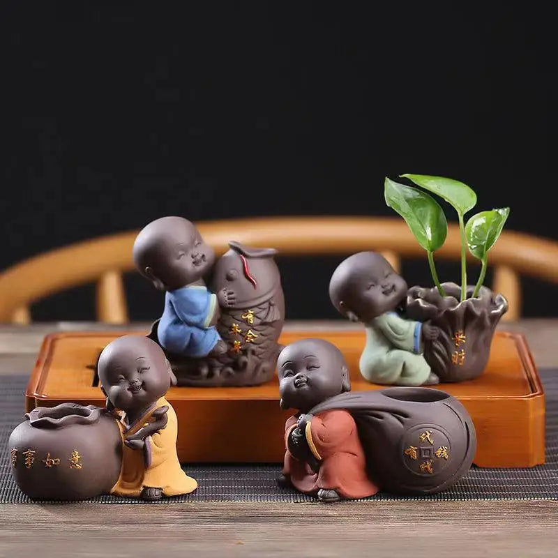 Ceramic Tea Pet Ornaments Small Buddha Statue Monk Figurine Desktop Flower Pot Hydroponic Plant Decoration Tea  Accessories