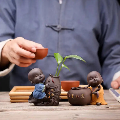 Ceramic Tea Pet Ornaments Small Buddha Statue Monk Figurine Desktop Flower Pot Hydroponic Plant Decoration Tea  Accessories