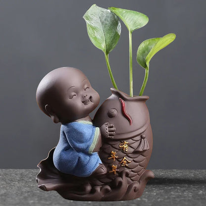 Ceramic Tea Pet Ornaments Small Buddha Statue Monk Figurine Desktop Flower Pot Hydroponic Plant Decoration Tea  Accessories