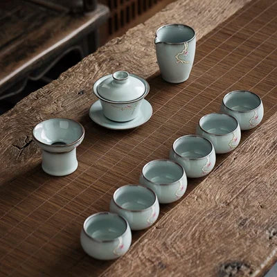 Ceramic Tea Set Celadon Hand-painted Cover Bowl Iron Tire Open Tea Cup Teapot Full Set High-end Home Kung Fu Black Tea Teaware