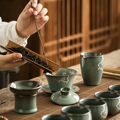 Ceramic Tea Set Celadon Hand-painted Cover Bowl Iron Tire Open Tea Cup Teapot Full Set High-end Home Kung Fu Black Tea Teaware