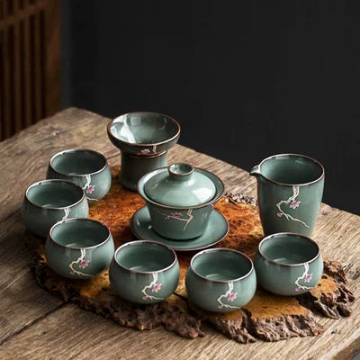 Ceramic Tea Set Celadon Hand-painted Cover Bowl Iron Tire Open Tea Cup Teapot Full Set High-end Home Kung Fu Black Tea Teaware