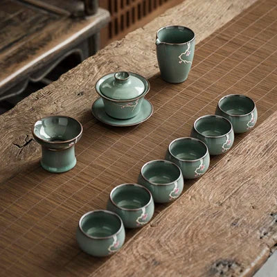 Ceramic Tea Set Celadon Hand-painted Cover Bowl Iron Tire Open Tea Cup Teapot Full Set High-end Home Kung Fu Black Tea Teaware