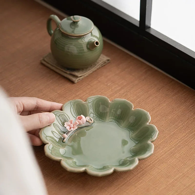 Ceramic Tea Tray Hand-Pinching Flower Pot  Tray Stove Tea Cooking Ideas Accessories Pot Mat Fruit Plate Serving Trays Tea Table