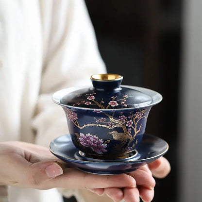 Ceramic Tea Tureen Chinese Kung Fu Tea Set Outline In Gold Sancai Gaiwan Tea Cup Tea Bowl with Lid Golden Magpie Tea Maker