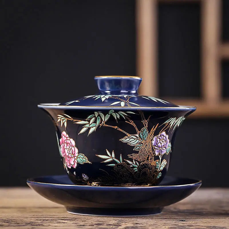Ceramic Tea Tureen Chinese Kung Fu Tea Set Outline In Gold Sancai Gaiwan Tea Cup Tea Bowl with Lid Golden Magpie Tea Maker
